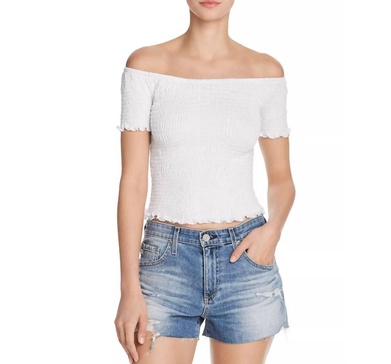 smocked off-the-shoulder crop top in white