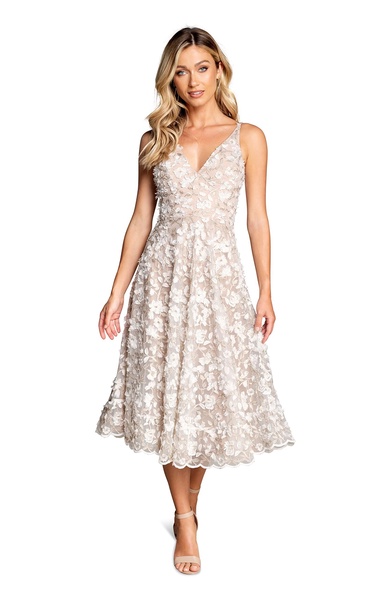 Dress the Population Women's Elisa Sleeveless Plunge Neckline Fit and Flare Midi Dress