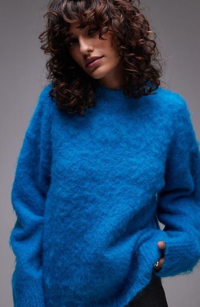 Topshop fluffy knit relaxed sweater in turquoise