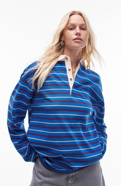 Topshop stripe long sleeve polo in blue