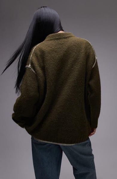 Topshop knitted exposed contrast seam oversized sweater in khaki