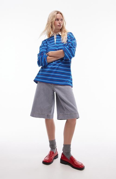 Topshop stripe long sleeve polo in blue