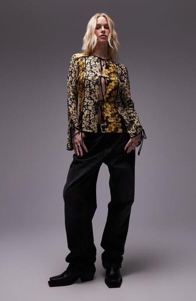 Topshop patchwork scarf print tie front bed jacket in yellow floral print