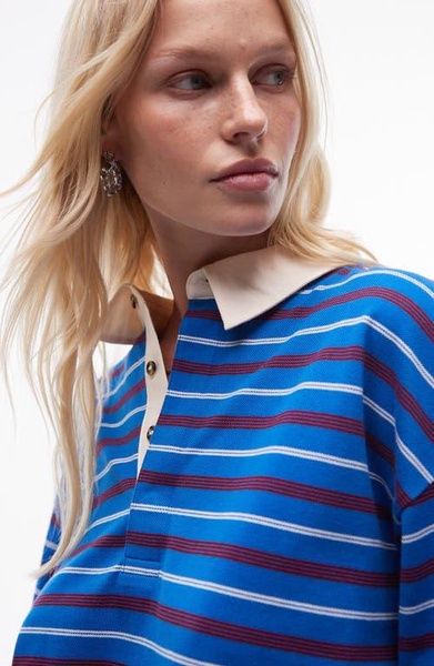 Topshop stripe long sleeve polo in blue