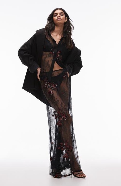 Topshop embellished lace maxi skirt in black with burgundy sequins - part of a set