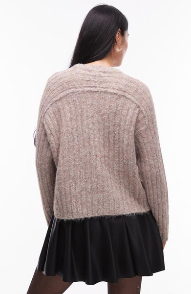 Topshop knit rib detail crew relaxed sweater in mushroom