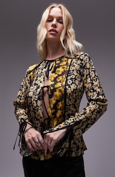 Topshop patchwork scarf print tie front bed jacket in yellow floral print