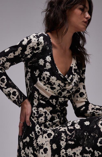 Topshop deep cowl neck tea dress in mono floral