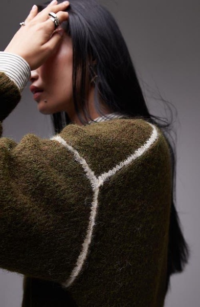 Topshop knitted exposed contrast seam oversized sweater in khaki