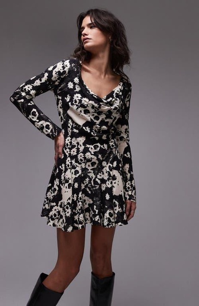 Topshop deep cowl neck tea dress in mono floral