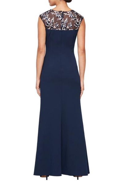 Long Matte Jersey Dress with Embroidered Illussion Neckline