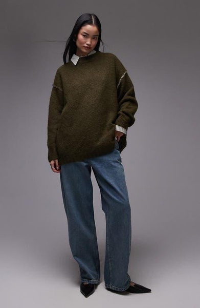 Topshop knitted exposed contrast seam oversized sweater in khaki