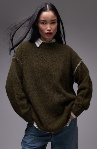 Topshop knitted exposed contrast seam oversized sweater in khaki