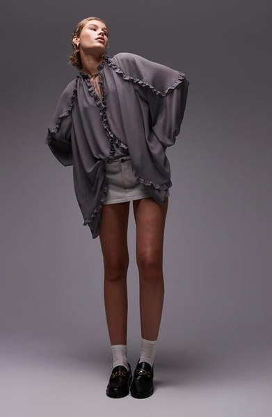 Topshop frill trapeze mini dress in gray