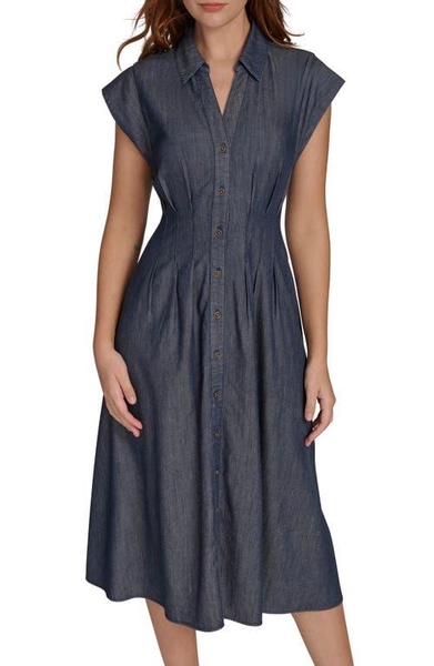 Women's Denim Midi Cap-Sleeve Shirtdress