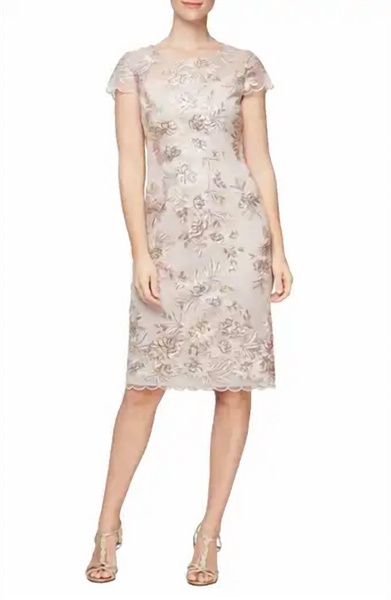 floral embroidered sheath dress in nude multi