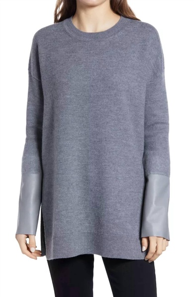 leather cuff mid length side slits wool sweater in gray