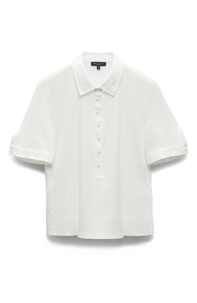 women's ribbed mixed media short sleeve polo, white