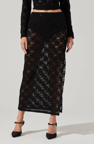 roux sequin lace maxi skirt in black