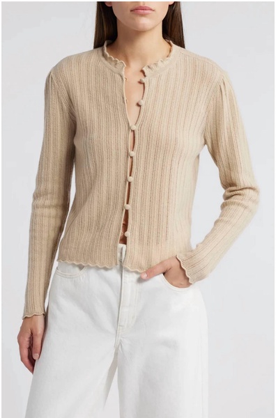 ruffle neck cardigan in taupe