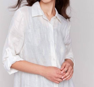 3/4 sleeve button front dress in champagne