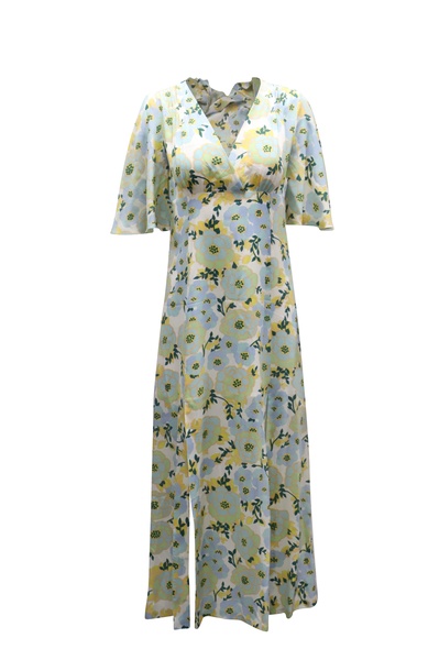 bell sleeve v-neck floral midi dress in light blue silk chiffon