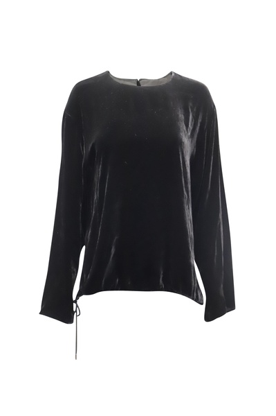 drawstring long sleeve blouse in black velvet