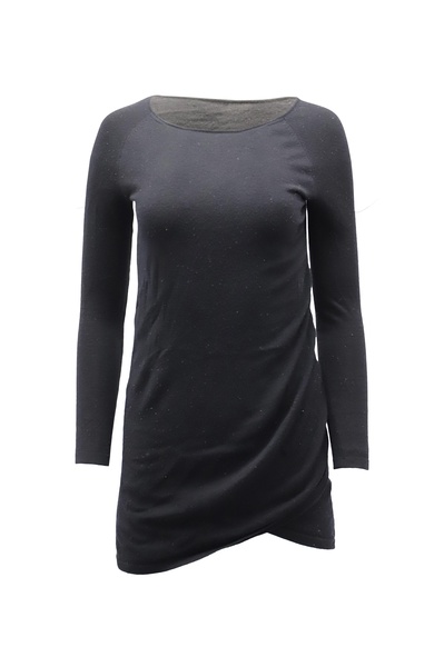 long sleeve draped jersey dress in black wool