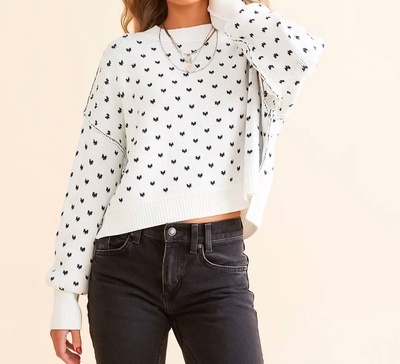 easy street crop sweater top in white with navy butterflies