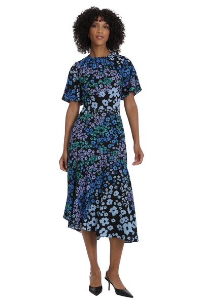 Maggy London Women's Short Flutter Sleeve Fit and Flare Dress with Asymmetric Hem Tier