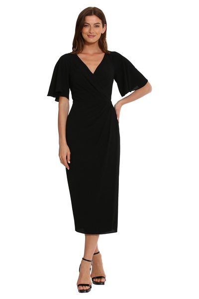 Maggy London Women's Short Flutter Sleeve Faux Wrap Midi Dress