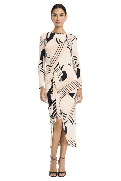 Maggy London Women's Long Sleeve High Neck Midi Asymmetrical Hem with Side Slit-Evening Formal Dress