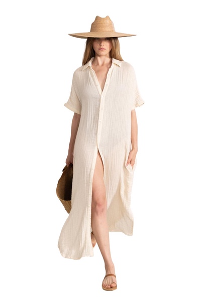 Gottex Beach Life Resort Black Solid Button Down Kaftan Dress Swimsuit Elegant & Stylish Cover Up 100% Cotton for Women
