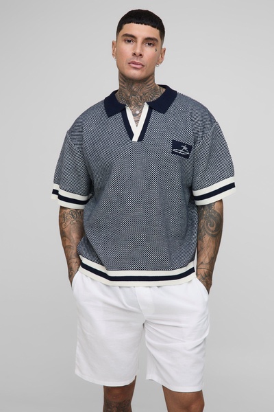 Tall Contrast Edge Open Knit Boxy Oversized Polo Shirt