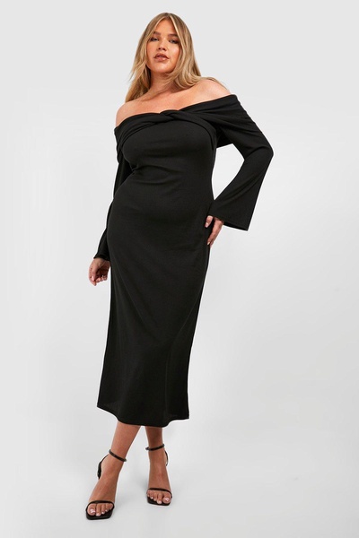 Plus Twist Detail Off The Shoulder Soft Rib Column Midi Dress