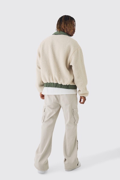 Tall Boxy Borg And Nylon Collared Bomber Jacket In Ecru