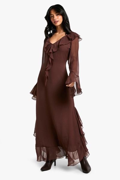 Petite Ruffle Flare Sleeve Belted Chiffon Maxi Dress