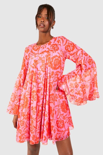 Floral Print Flared Sleeve Smock Dress