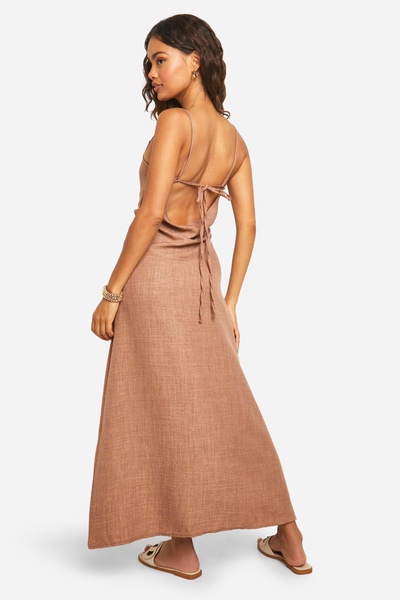 Linen Look Strappy Metal Trim Midi Dress