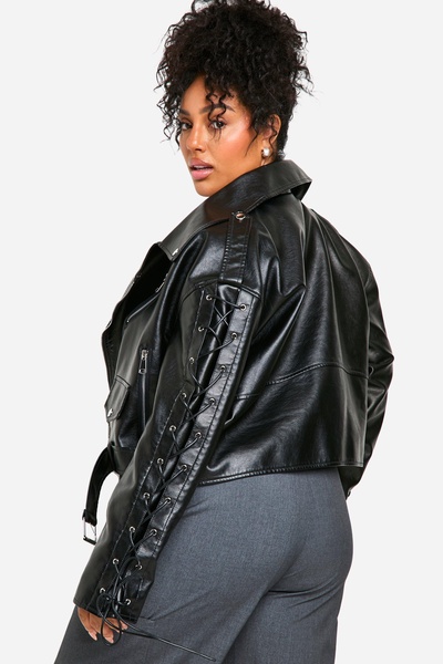 Plus Lace Up Detail Oversized Faux Leather Biker Jacket