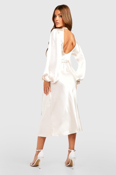 Satin High Neck Balloon Sleeve Midi Dress