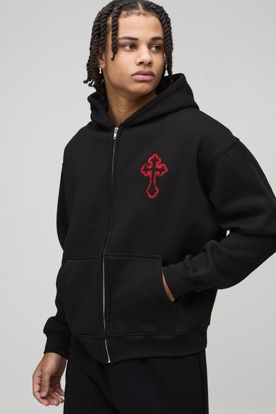 Oversized Boxy Zip Through Embroidered Gothic Cross Hoodie