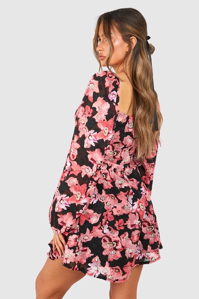 Textured Floral Balloon Sleeve Milkmaid Mini Dress