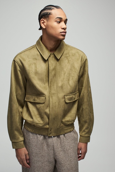 Boxy Faux Suede Utility Pocket Harrington Jacket