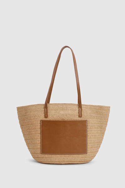 Contrast PU Detail Raffia Tote Bag