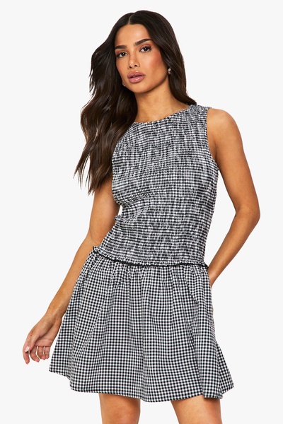 Petite Gingham Round Neck Skater Dress