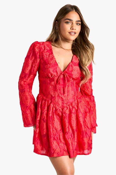 Petite Jacquard Floral Corset Detail Skater Dress
