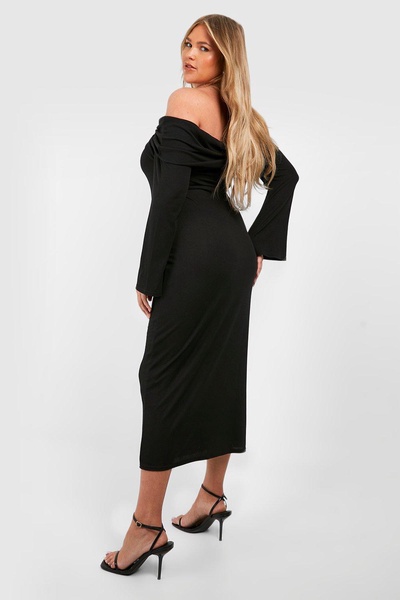 Plus Twist Detail Off The Shoulder Soft Rib Column Midi Dress