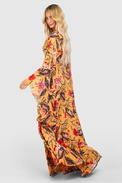 Tropical Floral Chiffon Print Cut Out Maxi Dress