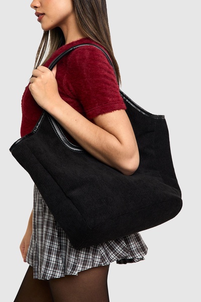 Corduroy PU Binding Detail Tote Bag